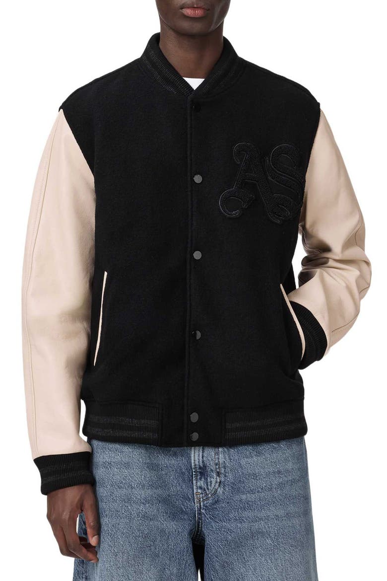 Holloway Wool & Leather Varsity Bomber Jacket, Main, color, BLACK/ WHITE