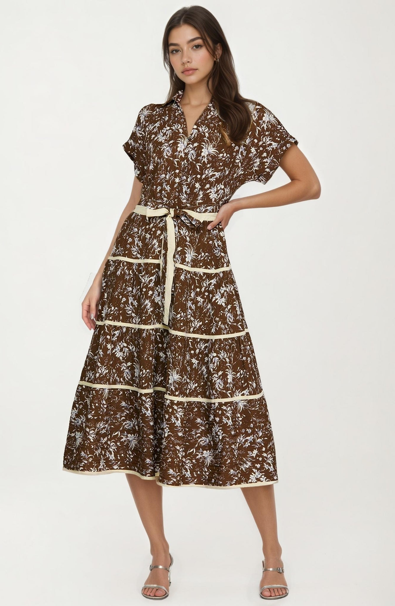 Knit and Lounge Button-Front Tie Waist Midi Dress, Main, color, Brown Floral