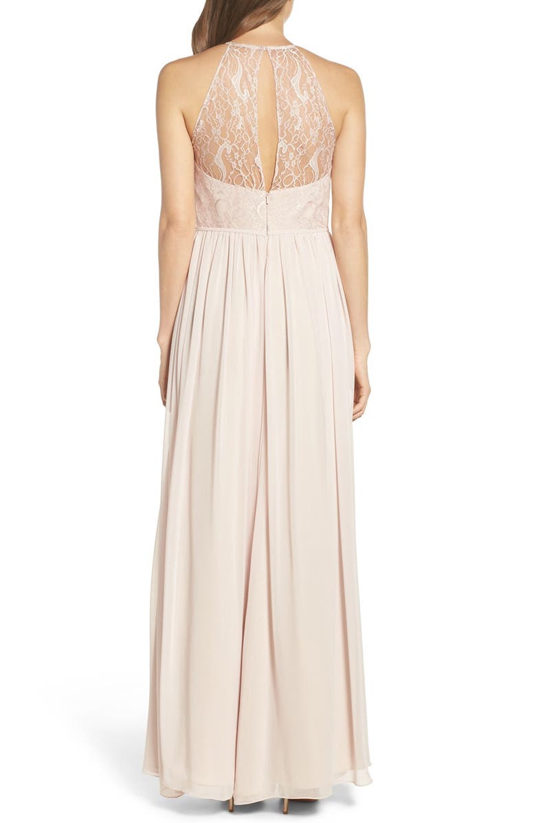Hayley Paige Occasions Lace & Chiffon Halter Gown, Alternate, color, Rose/ Blush/ Cashmere