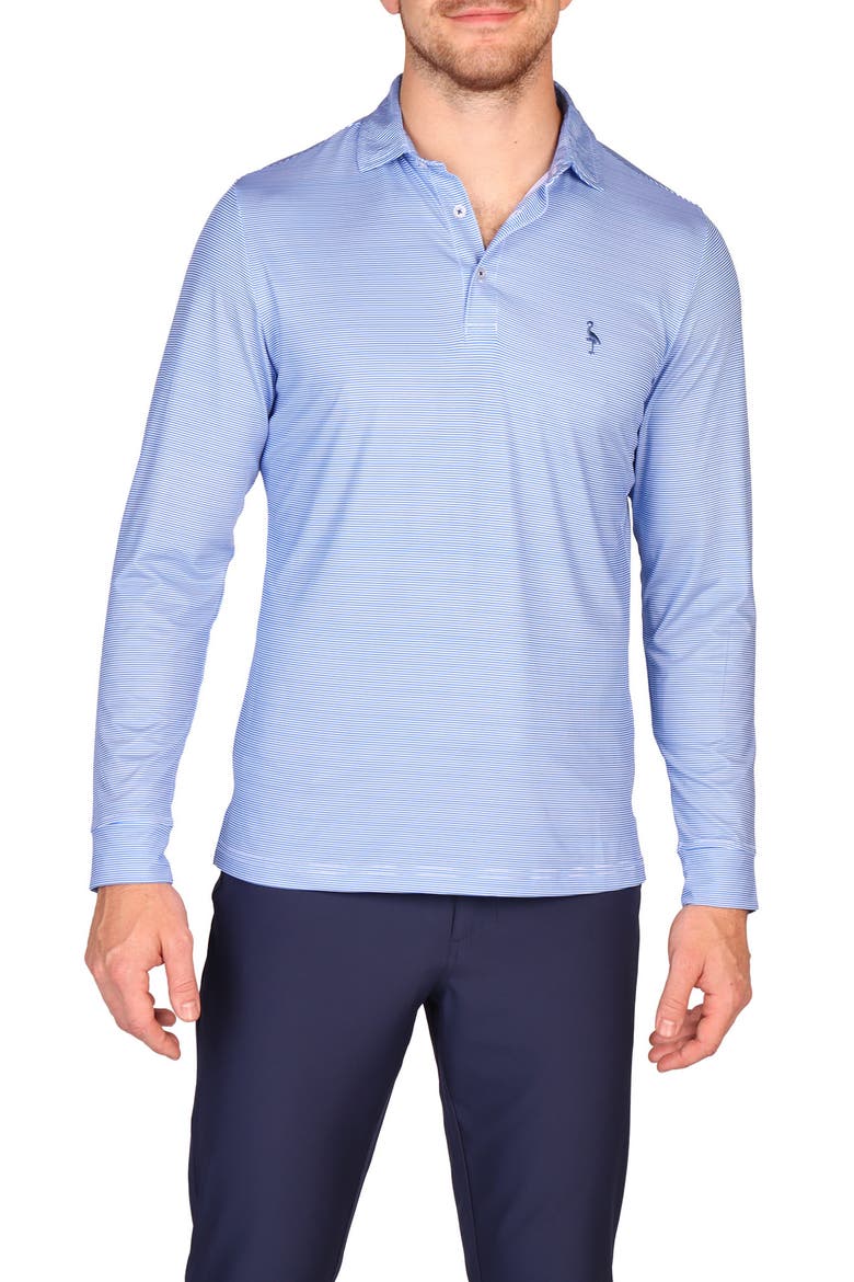 Stripe Print Long Sleeve Performance Polo, Main, color, BLUE