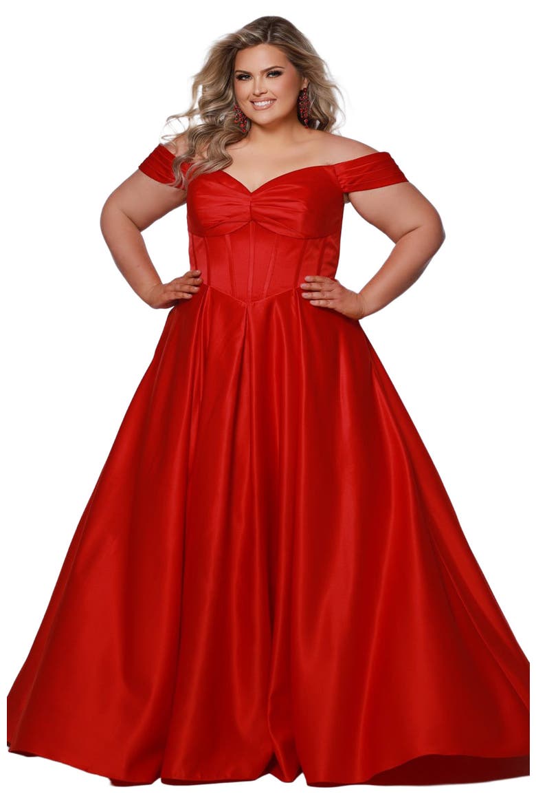 Sweetheart Neckline Off the Shoulder Plus Size A-line Gown, Main, color, Ruby