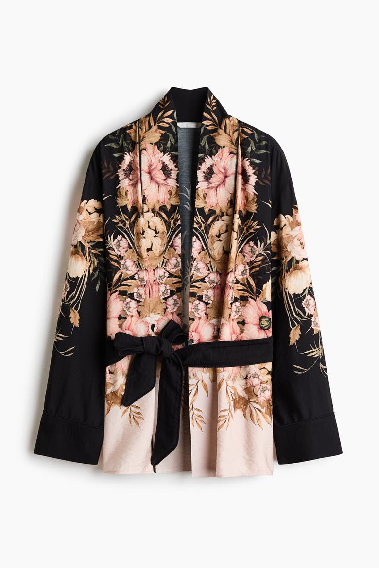 Viscose-Blend Tie-Belt Jacket, Alternate, color, Black/floral