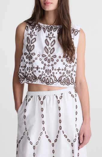 Embroidered Sleeveless Poplin Bubble Top