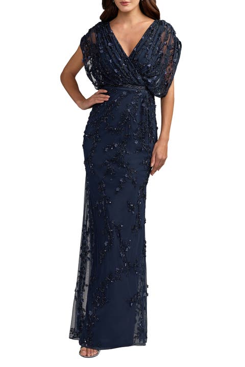 Beaded V-Neck Short Sleeve Blouson Gown