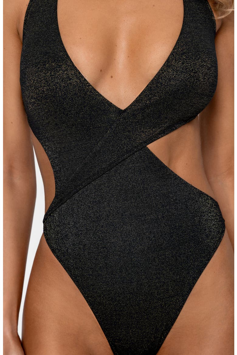 Shimmer Asymmetric Halter Monokini One-Piece Swimsuit, Alternate, color, Black