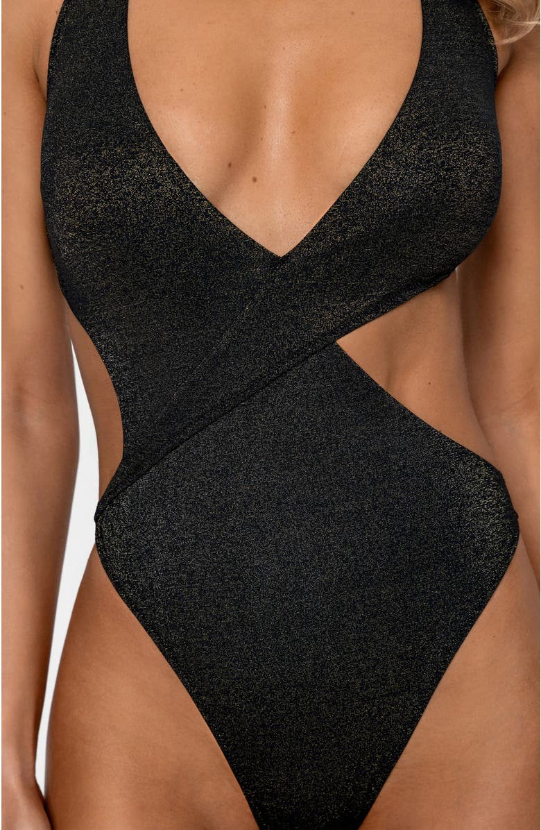 PS By Cupshe Shimmer Asymmetric Halter Monokini One-Piece Swimsuit, Alternate, color, Black