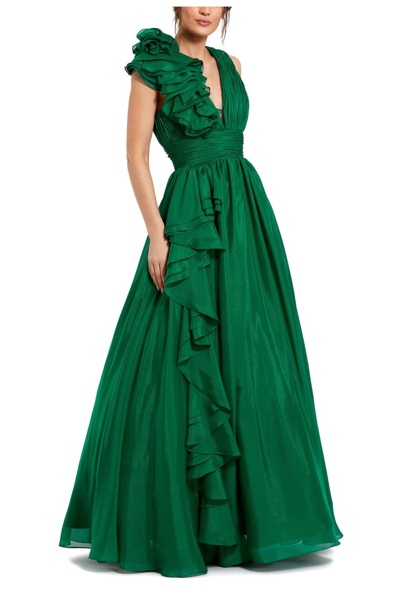 Mac Duggal Ruffle Shoulder V-Neck Chiffon Gown, Main, color, Emerald