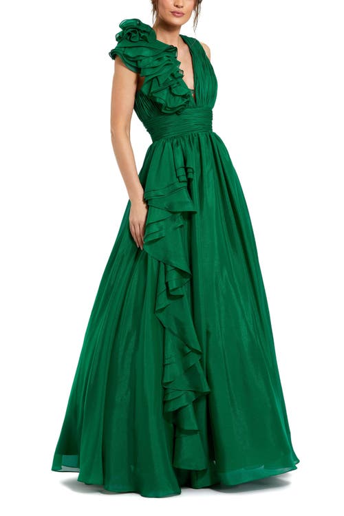 Shop Mac Duggal Ruffle Shoulder V-neck Chiffon Gown In Emerald