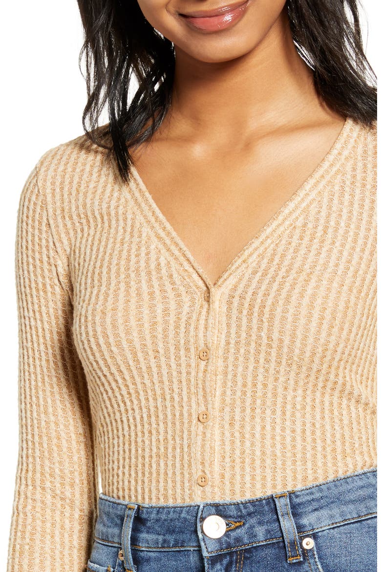 Button Front Long Sleeve Crop Waffle Knit Top, Alternate, color, BROWN BUCKTHORN
