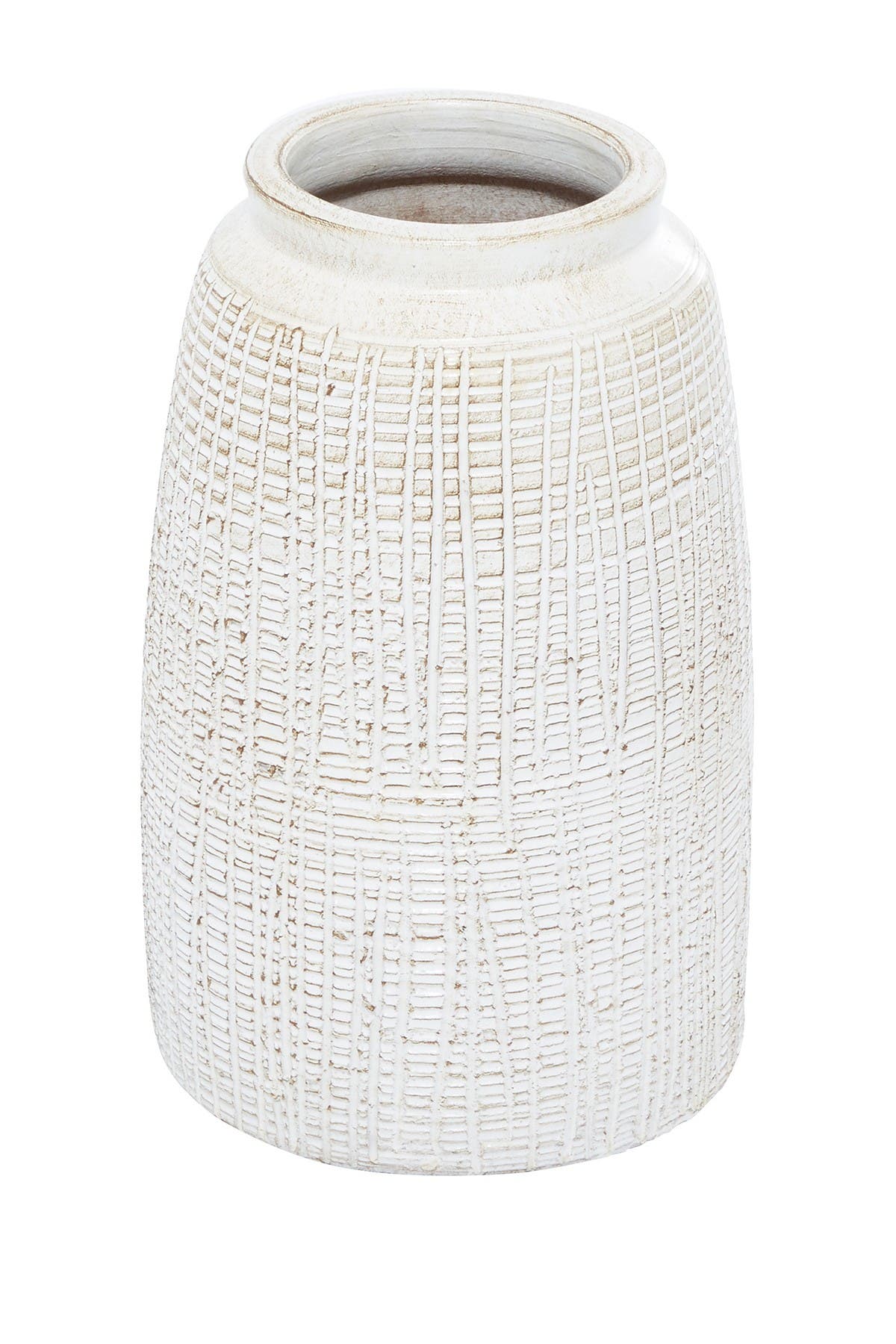 GINGER BIRCH STUDIO White Ceramic Carved Vase with Crosshatch Design