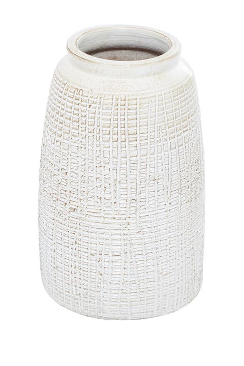 White Ceramic Carved Vase with Crosshatch Design