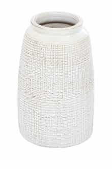 GINGER BIRCH STUDIO White Ceramic Carved Vase with Crosshatch Design