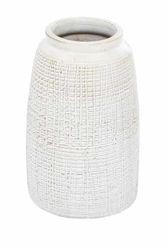 GINGER BIRCH STUDIO White Ceramic Carved Vase with Crosshatch Design