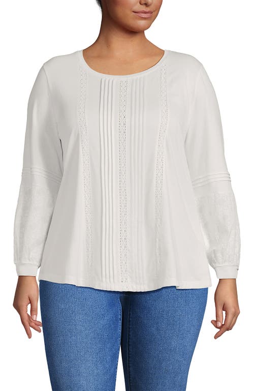 Lands' End Plus Size Lightweight Jersey Lace Mix Long Sleeve Pintuck Top In White