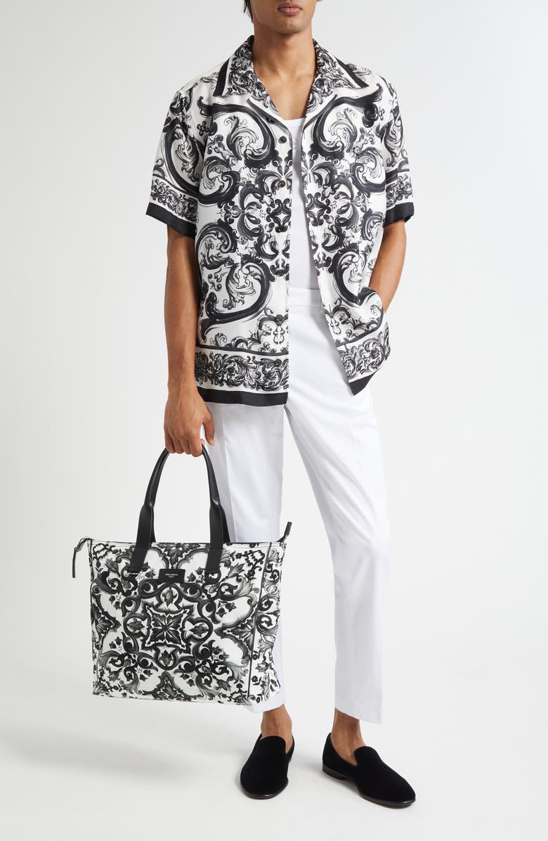 Dolce&Gabbana Majolica Print Silk Twill Camp Shirt, Alternate, color, Hx5dq Maiolica 3L Nero