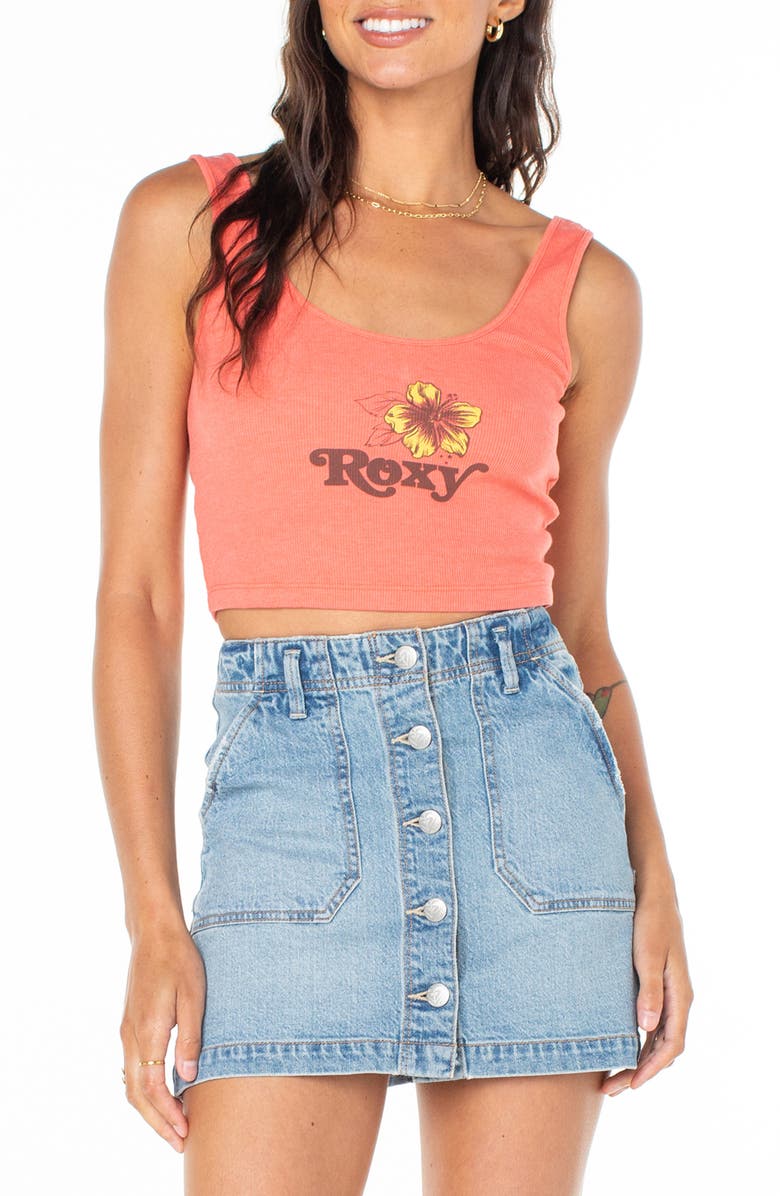Roxy Valmos Rib Crop Graphic Tank, Main, color, Sugar Coral Solid