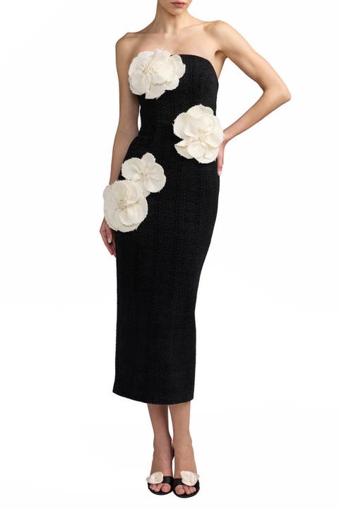Strapless Boucle Fitted Midi Dress With 3D Flowers