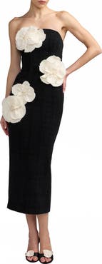 Mac Duggal Strapless Boucle Fitted Midi Dress With 3D Flowers