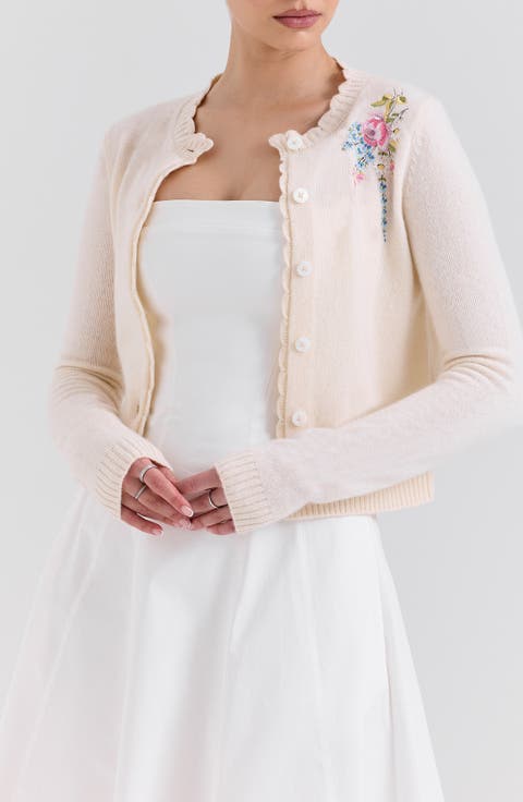 Anjou Floral Embroidered Ruffle Wool Cardigan