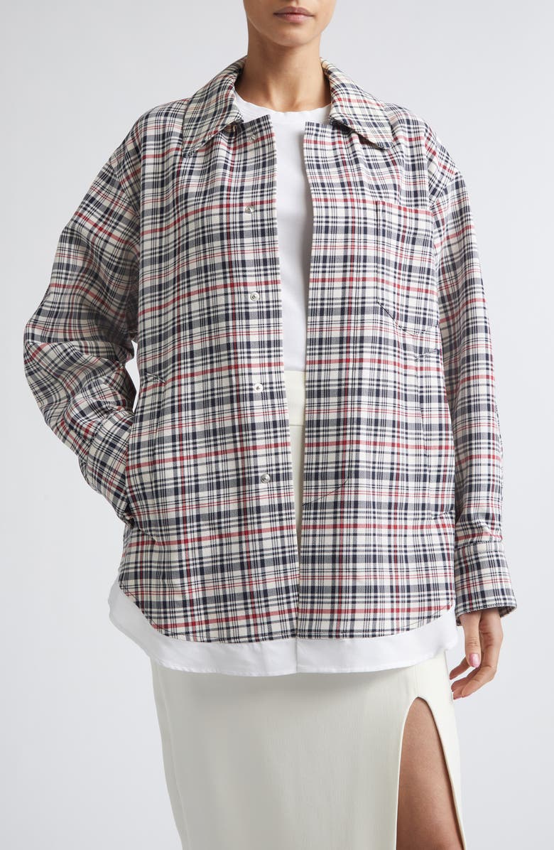 Victoria Beckham Relaxed Plaid Cotton & Virgin Wool Cocoon Shacket, Main, color, White/ Blue/ Red