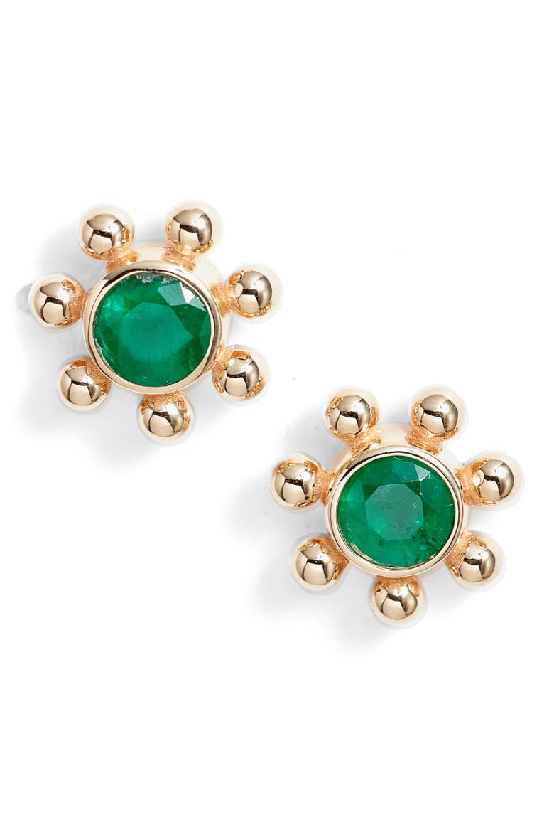 Dew Drop Marine Emerald & 14K Gold Stud Earrings, Main, color, YELLOW GOLD/ EMERALD