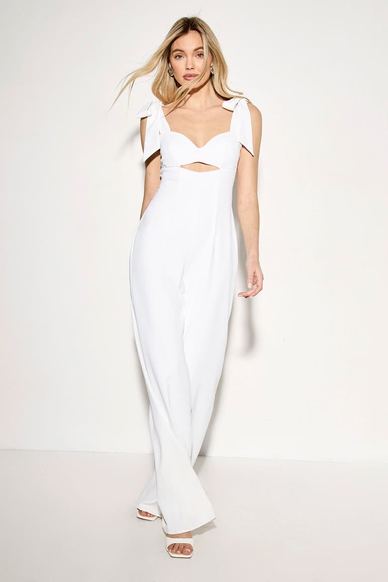 Bow Shoulder Wide Leg Jumpsuit, Main, color, White