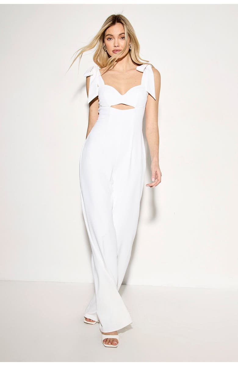 MissPap Bow Shoulder Wide Leg Jumpsuit, Main, color, White