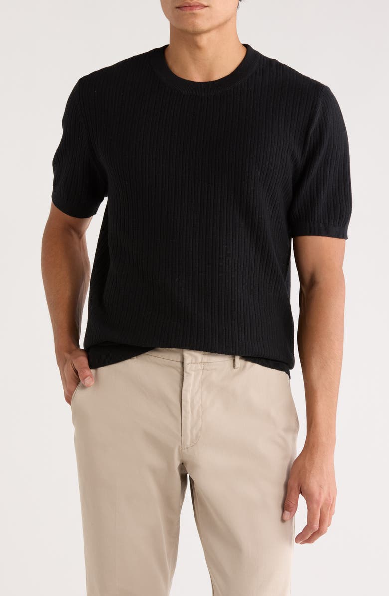 DENIM AND FLOWER Textured Short Sleeve Sweater, Main, color, Black