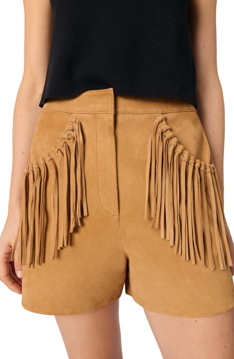 maje Fringed leather shorts, Alternate, color, 