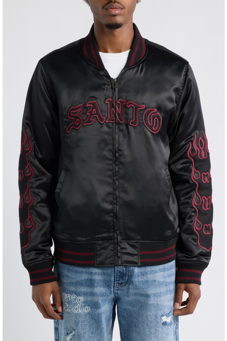 Flames Varsity Jacket, Alternate, color, BLACK