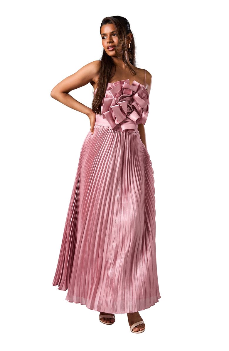 Coast Petite Metallic Pleated Corsage Dress, Main, color, Pink