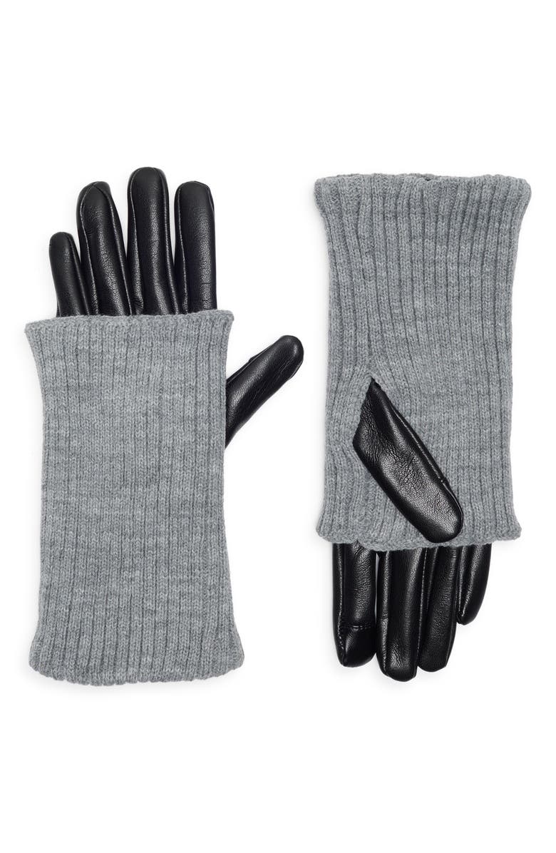 Steve Madden Rib Knit Faux Leather Gloves, Main, color, Grey / Black