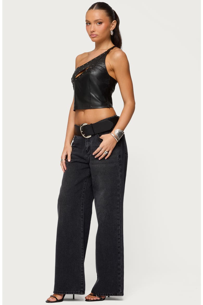 Cutout One-Shoulder Faux Leather Crop Top, Alternate, color, BLACK