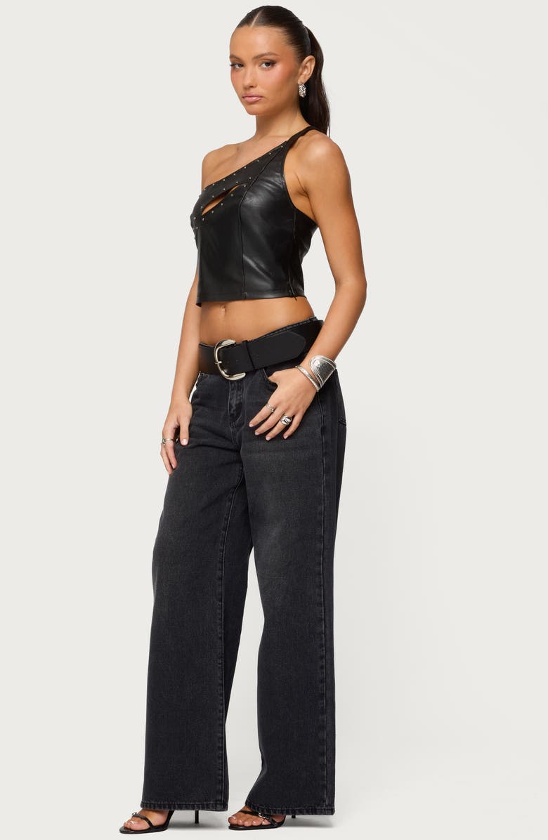 EDIKTED Cutout One-Shoulder Faux Leather Crop Top, Alternate, color, Black