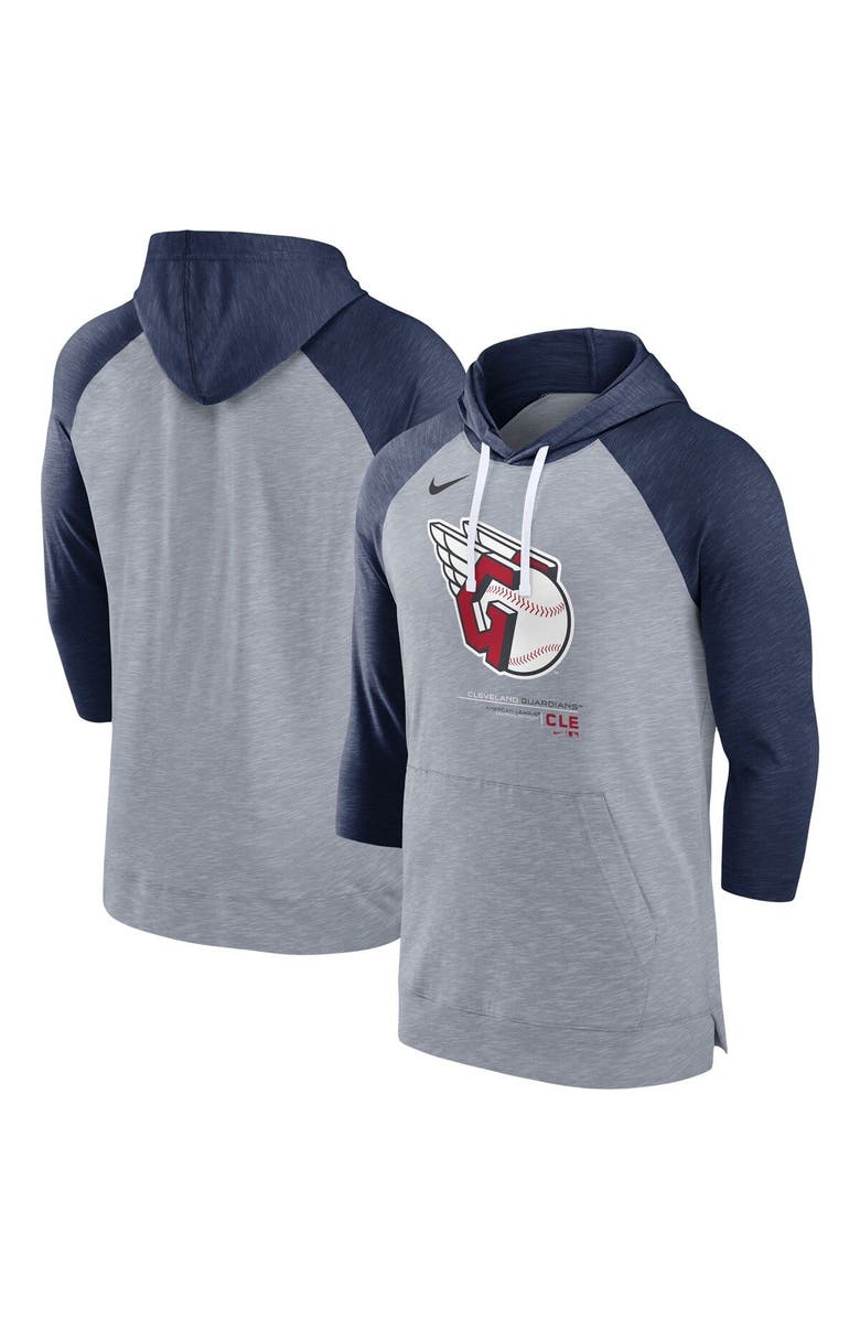 Nike Men's Nike Heather Gray/Heather Navy Cleveland Guardians Baseball Raglan 3/4-Sleeve Pullover Hoodie, Main, color,
