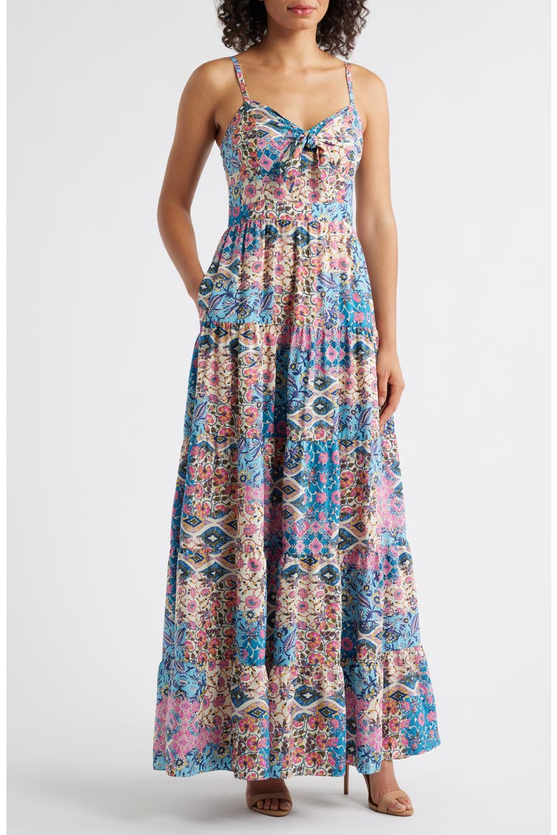 Mixed Print Bow Front Tiered Maxi Sundress, Main, color, BLUE MULTI