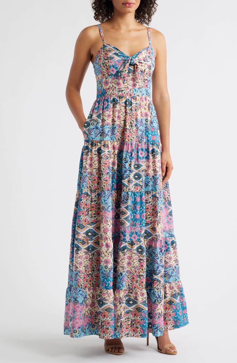 Eliza J Mixed Print Bow Front Tiered Maxi Sundress, Main, color,
