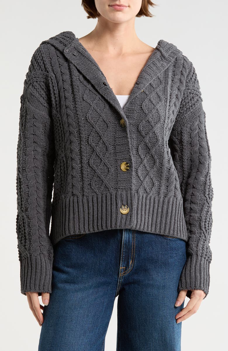 Bobeau Cable Knit Hooded Cardigan, Main, color, Gray