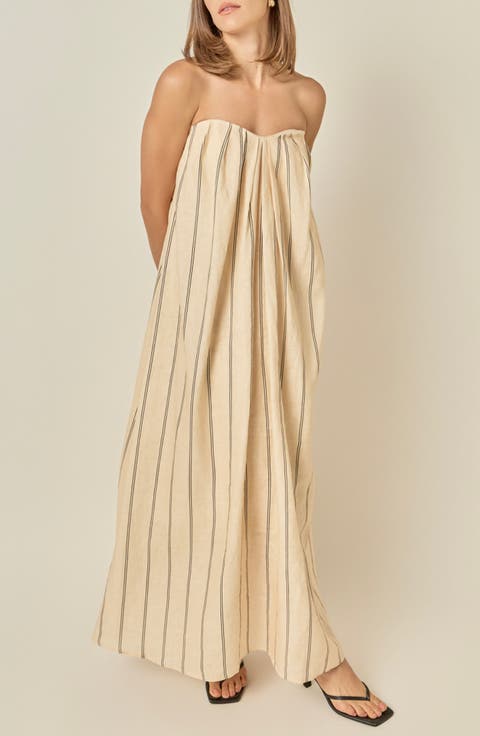 Strapless Pintuck Striped Maxi Dress