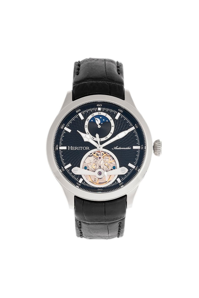 Gregory Semi-Skeleton Leather-Band Watch, Main, color, Black