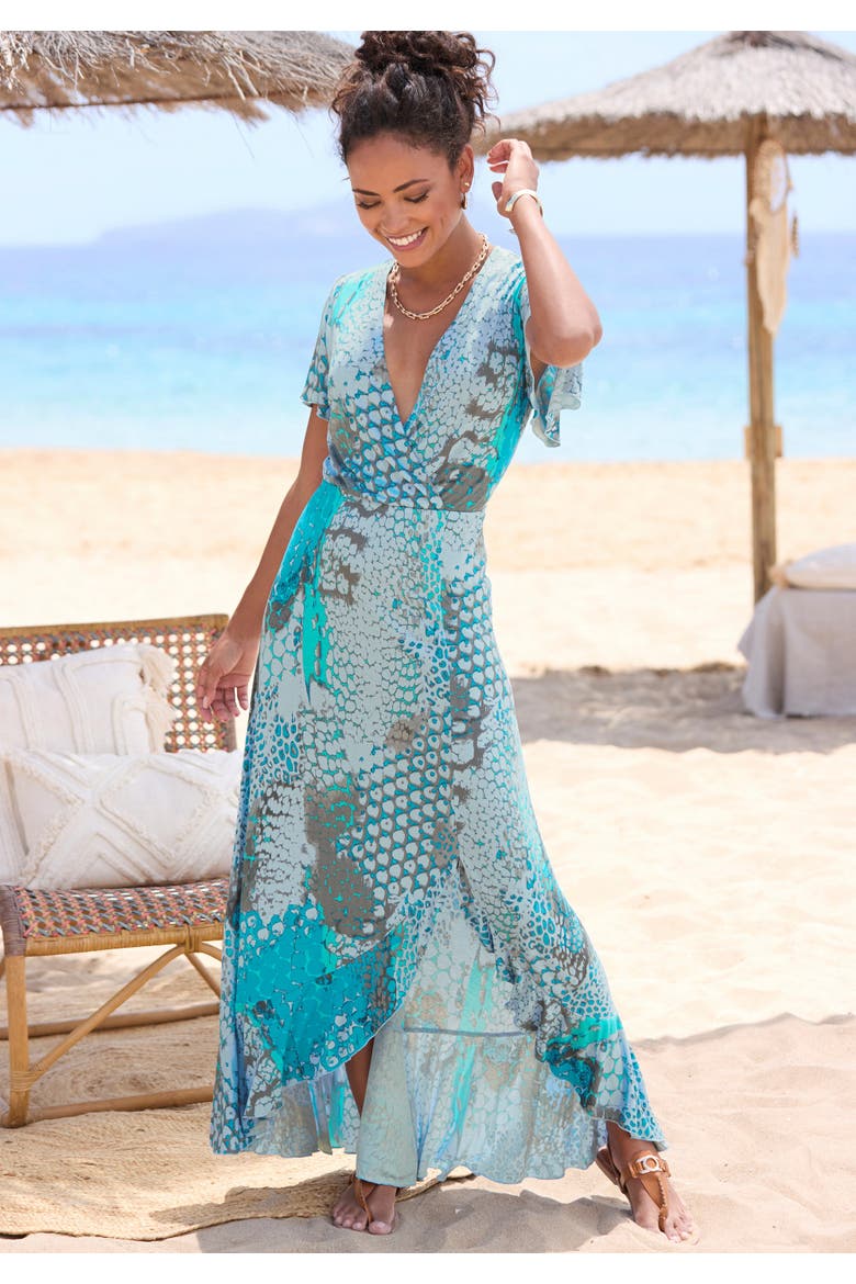 Printed Side Slit Maxi Dress, Alternate, color, Blue Multi