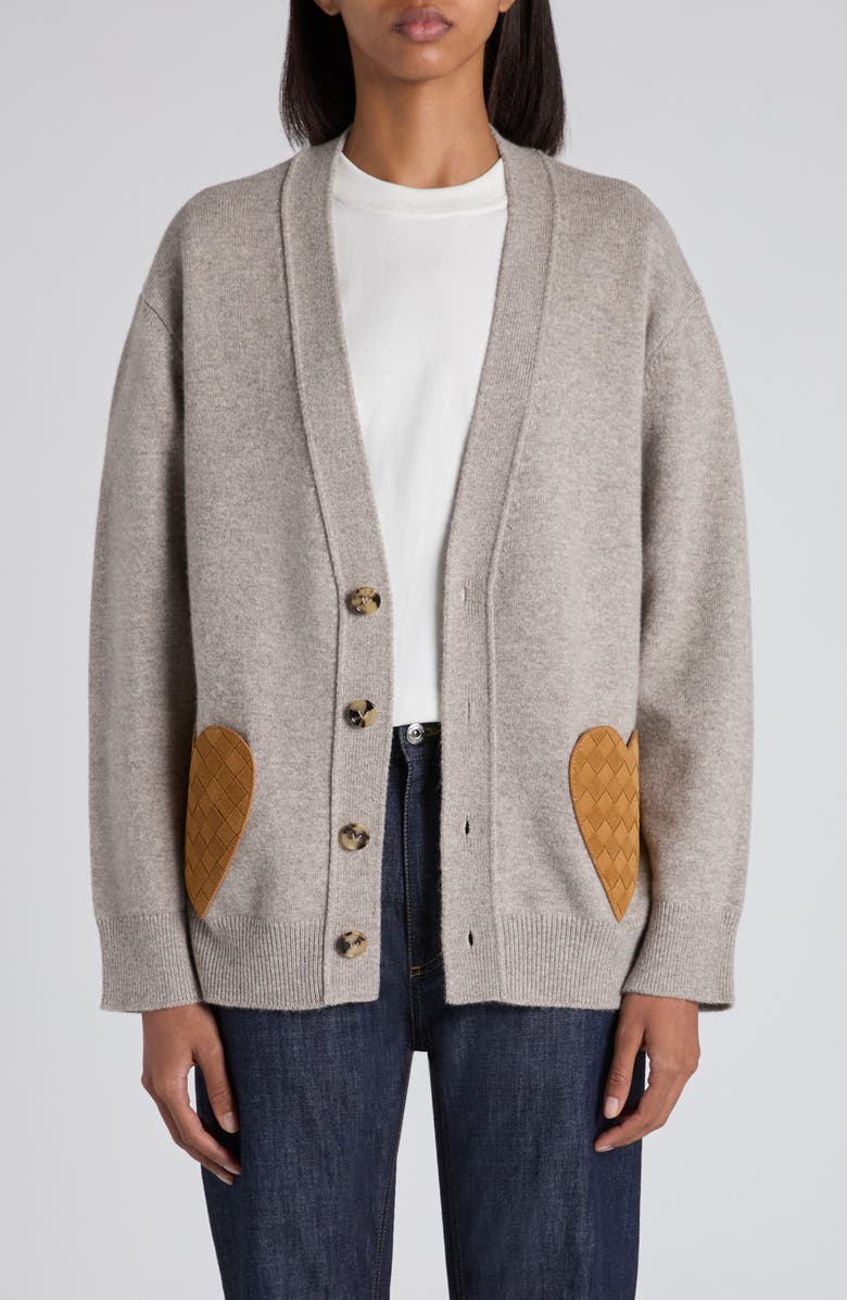 Bottega Veneta Cashmere Blend Cardigan with Intrecciato Suede Hearts, Main, color, 1502 Stone Melange
