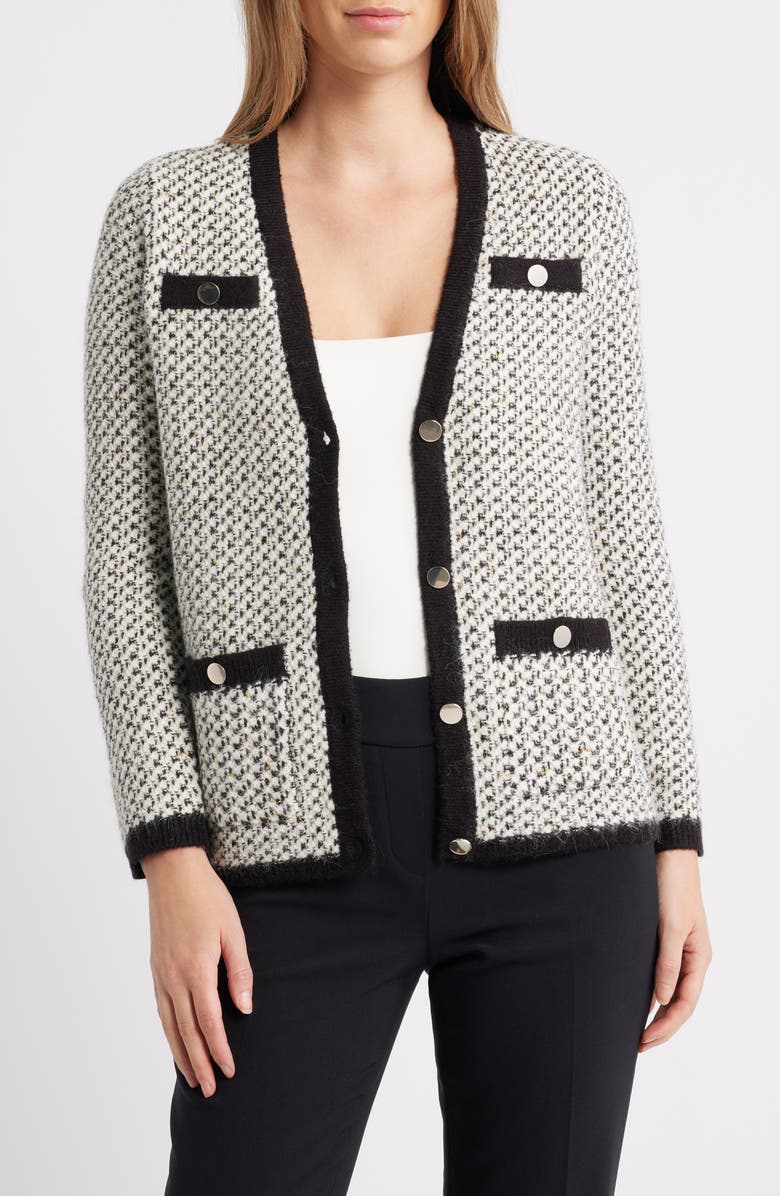Anne Klein Contrast Trim Tweed Cardigan, Alternate, color, Alabaster Multi