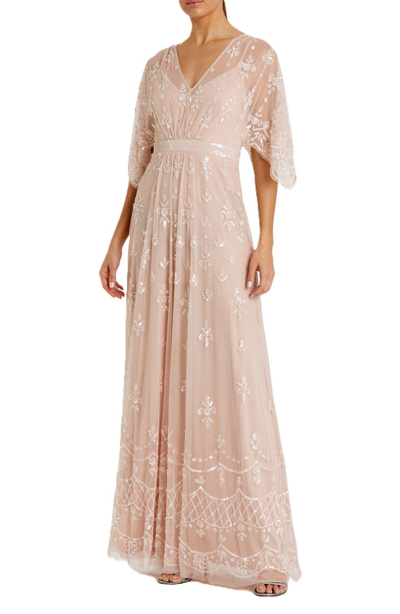 Mac Duggal V Neck Flutter Sleeve Embellished Mesh Gown, Main, color, Blush
