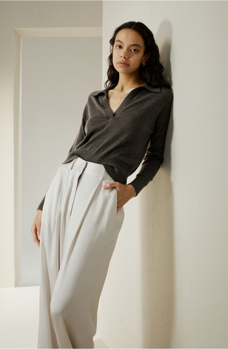 Lilysilk Women's V Neck Cashmere Polo Sweater, Alternate, color, Brown