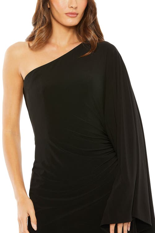 Mac Duggal One Shoulder Cape Sleeve Ruched Detail Jersey Gown In Black