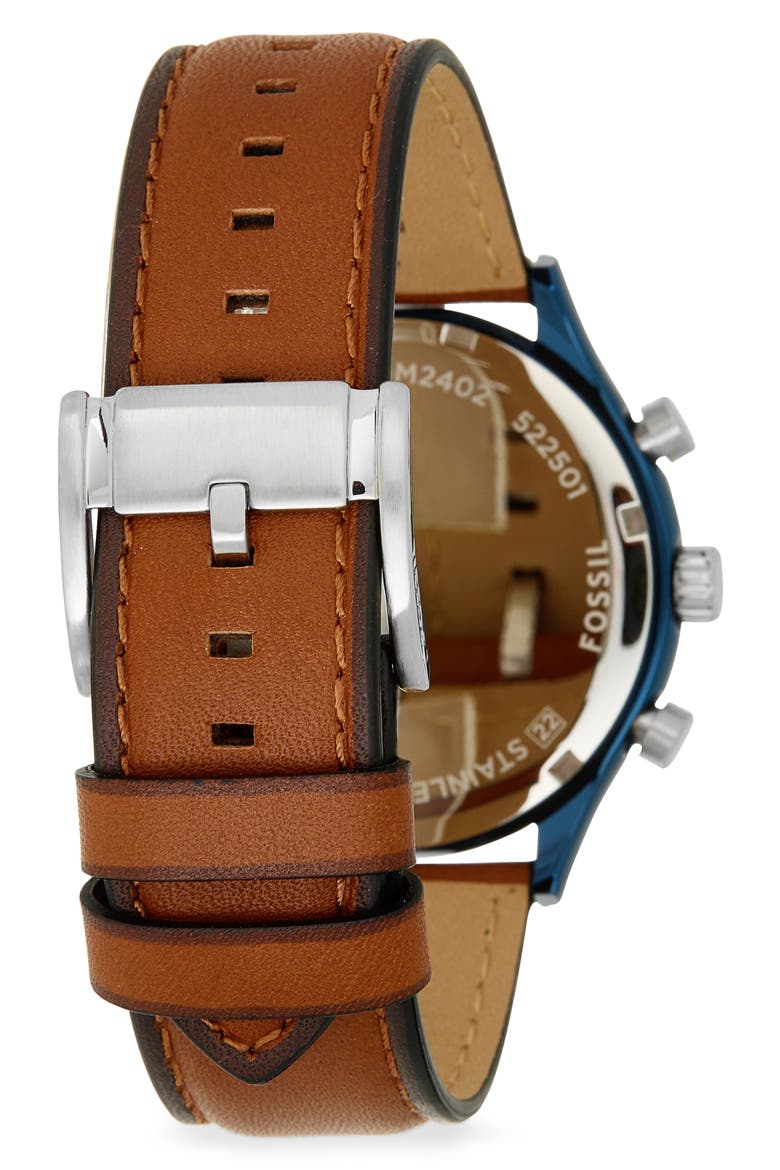 Men's Fenmore Midsize Multifunction Luggage Leather Watch, 44mm, Alternate, color, BROWN