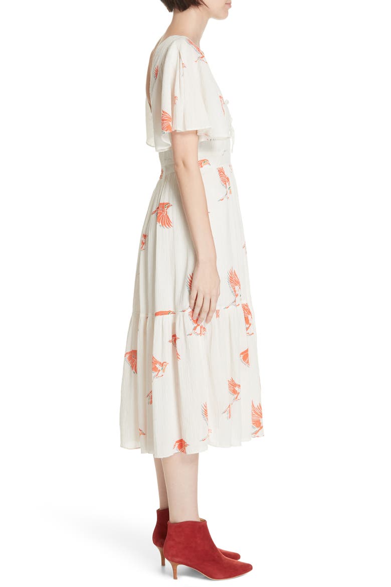 Bird Print Gauze Dress, Alternate, color, SAND COMBO