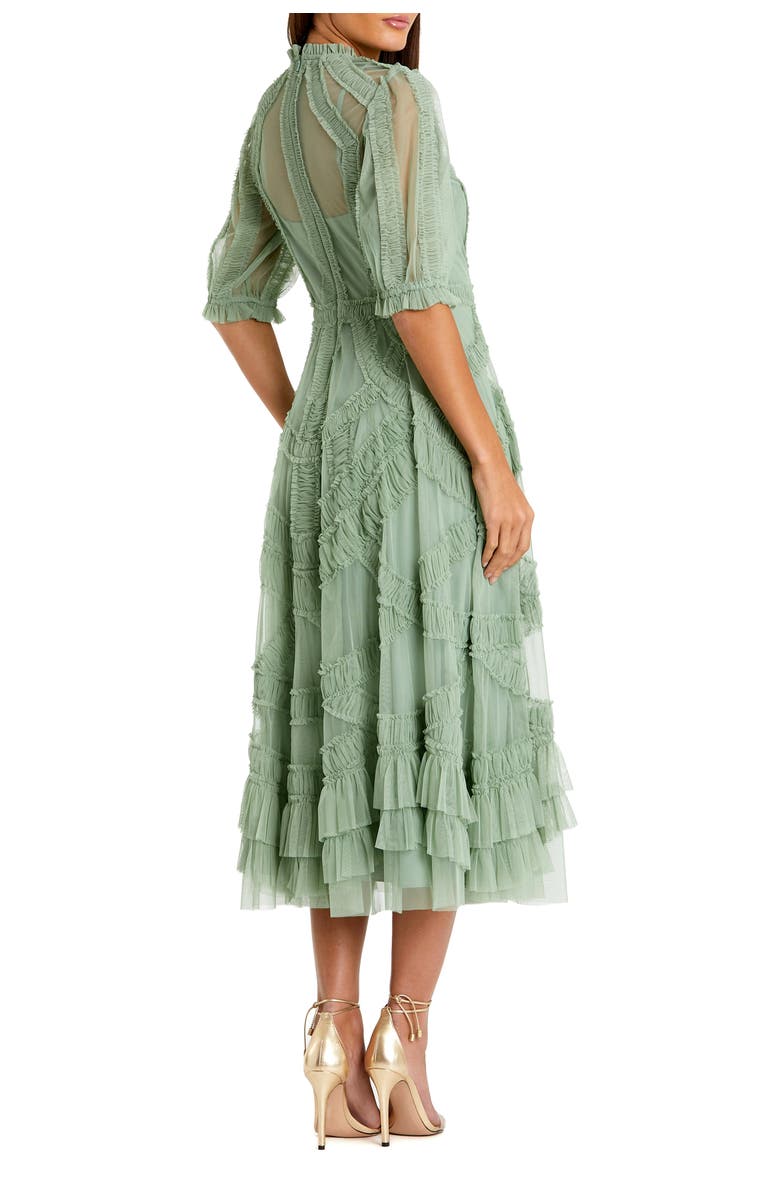 Mac Duggal Petite Illusion High Neck Tiered Ruffle A-Line Midi Dress, Alternate, color, Jade