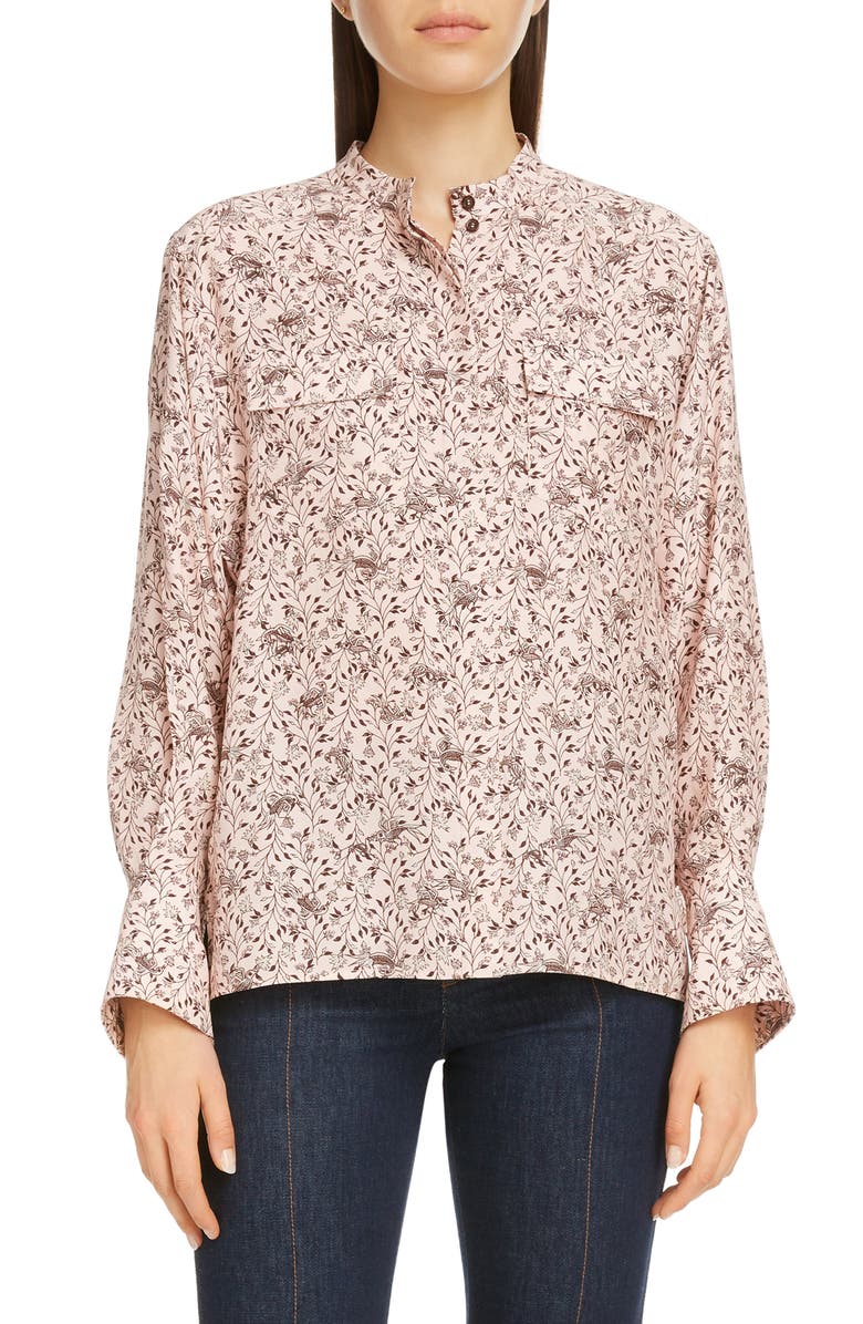 Chloé Bird Print Balloon Sleeve Silk Crepe Blouse, Main, color,